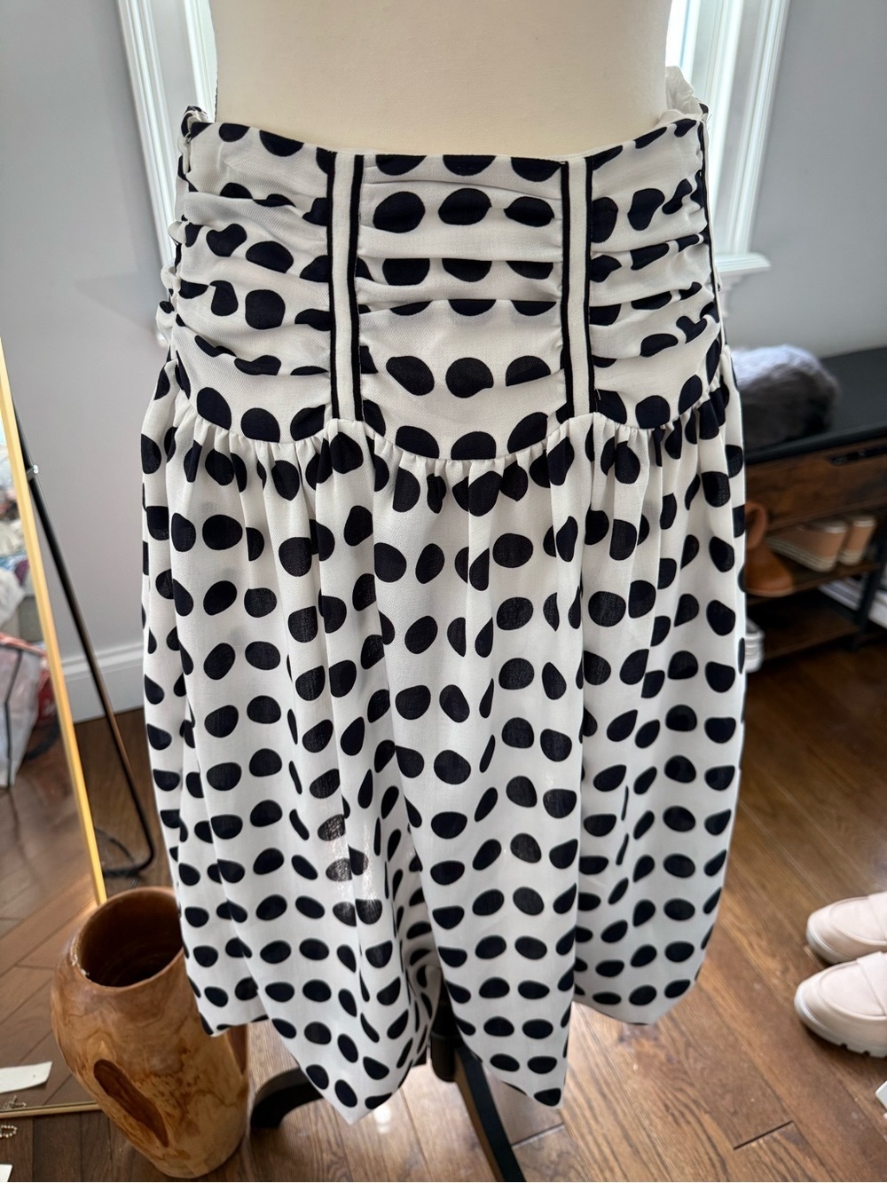 Blue Tassel Black and White Polka Dot A-Line Skirt NWOT